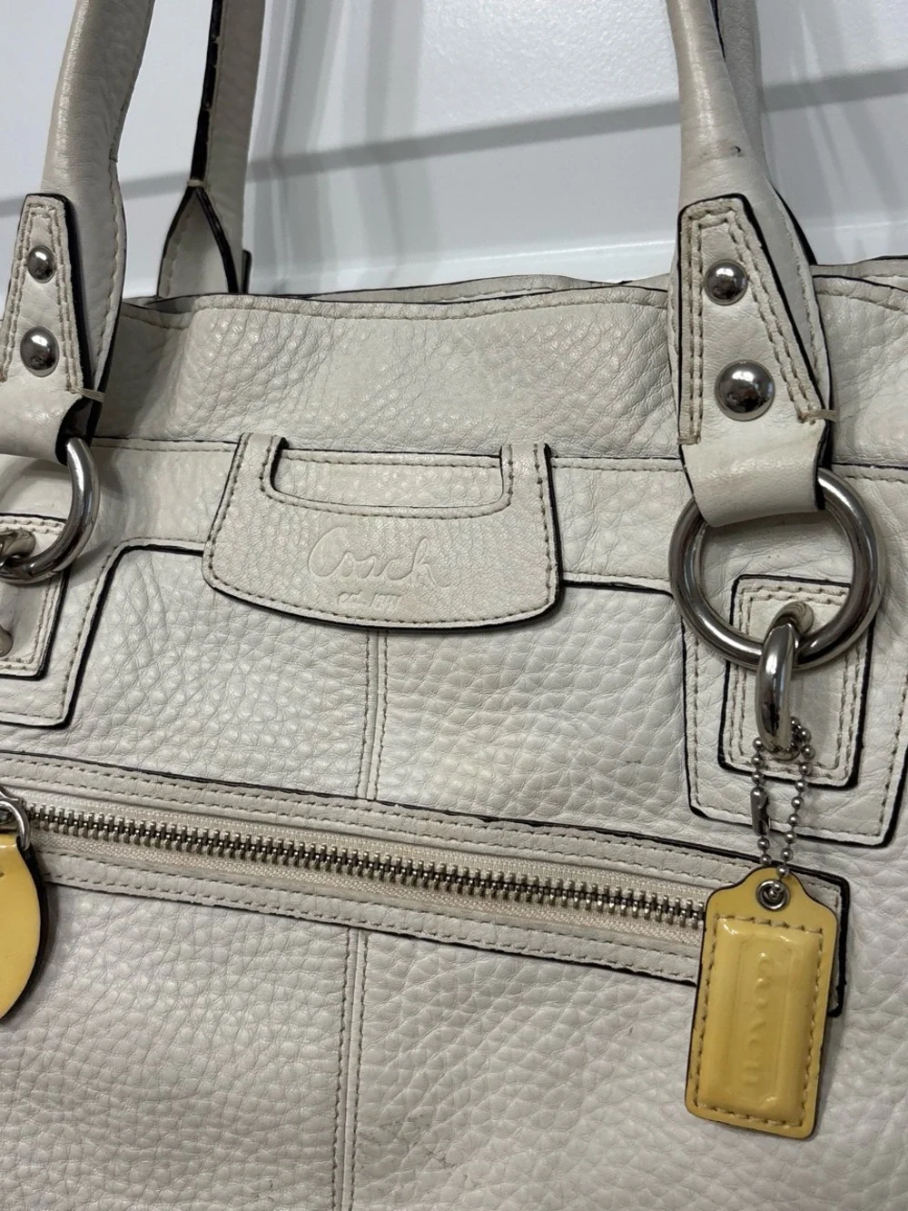 Coach Cream Pebbled Leather Shoulder Tote with Yellow Accents
